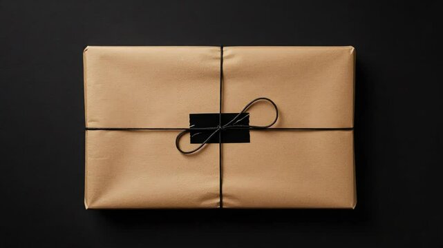 Brown Paper Package Tied With Black String Centered On A Black Background Minimalist Overhead Shot