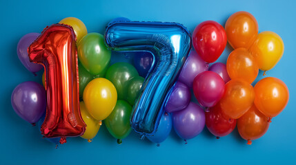 Number 17 for 17th birthday or anniversary. Colorful happy birthday balloons