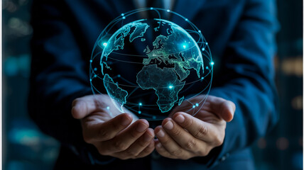A digital illustration of hands holding a glowing holographic Earth globe against a dark blue background.