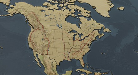 North America's intricate network of roads and waterways unfolds in this detailed relief map.