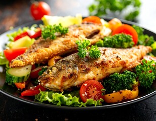 Crispy baked fish with colorful vegetables