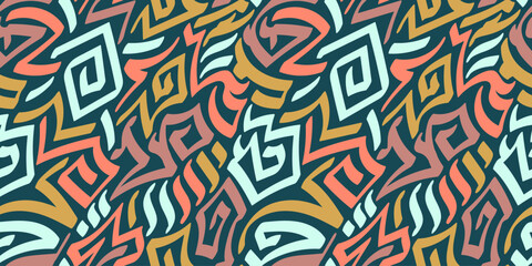 Geometric Tribal Blue Orange Doodle Art