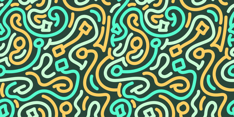 Yellow on Teal Swirl Doodle Pattern