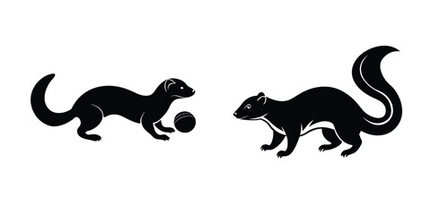 Ferret Chasing Ball Flat Silhouette on White Background