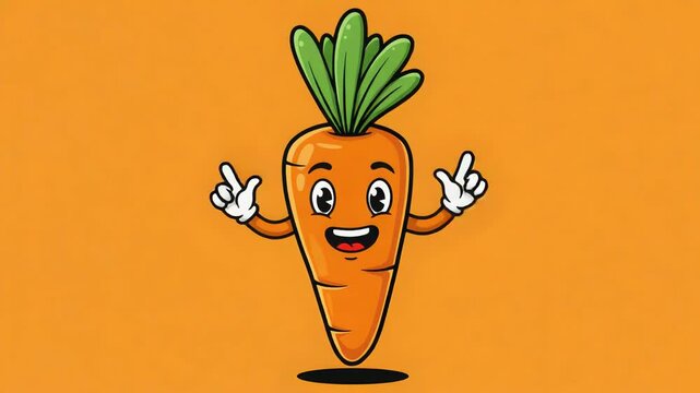 Cheerful Cartoon Carrot Character with Mittens Gesturing on Orange Background