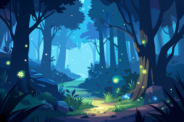 Enchanted Night Forest Path magical forest scene night illuminated fireflies enchanted forest night forest fireflies glowing magical forest fantasy forest path trees night dark blue © Anisur