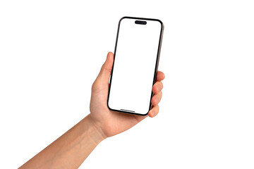 Hand showing smartphone with blank screen isolated.	