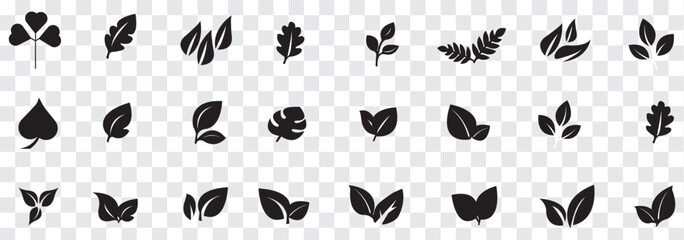 Black Leaf icon set. Eco friendly and bio logo, vegan. Leaves collection. Ecology leaf set. Leaf isolated  on white background. Variety leaves Design. EPS 10.