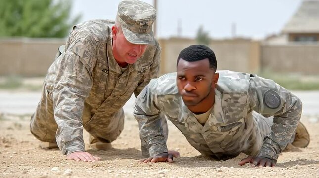 A military enlisted recruit does pushups while a drill sergeant yells at him during basic combat training