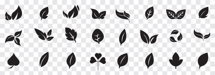 Set of a Green leaf and Black leaf icon. Various shapes of green leaves of trees and plants. Environment and nature leaf vector illustration. Best Design.