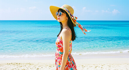 砂浜に立って海を見る日本人女性 AI生成画像