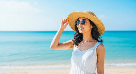 砂浜に立って海を見る日本人女性 AI生成画像