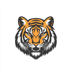 Fototapeta premium A bold, graphic illustration of a tiger's head, featuring striking orange and black stripes with white accents, against a plain white background.