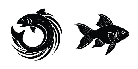 Fish Swirling in Water Flat Silhouette on White Background