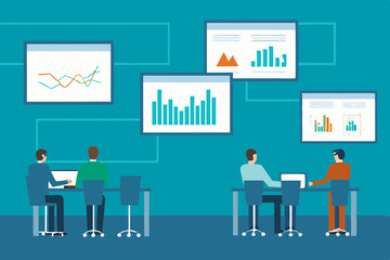 Obraz premium Business Team Analyzing Data on Multiple Screens Showing Charts and Graphs