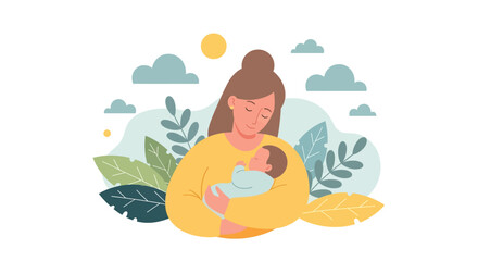 Adobe illustrator artwork vector illustration of a mother hugging her baby. A tender moment of love, connection, and bonding between a mom and her newborn. A gentle concept of happy motherhood.