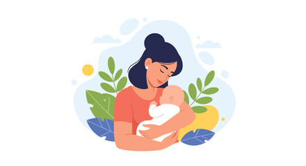 Adobe illustrator artwork vector illustration of a mother hugging her baby. A tender moment of love, connection, and bonding between a mom and her newborn. A gentle concept of happy motherhood.