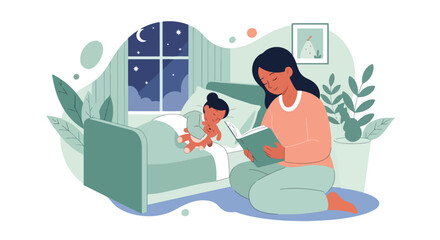 Adobe Illustrator artwork vector illustration of a peaceful mother reading a bedtime story to her sleeping child, capturing a serene night routine perfect for parenting and family themes.