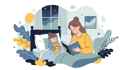 Adobe Illustrator artwork vector illustration of a peaceful mother reading a bedtime story to her sleeping child, capturing a serene night routine perfect for parenting and family themes.