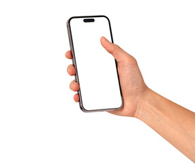 Hand showing smartphone with blank screen isolated.	