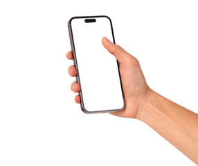 Hand showing smartphone with blank screen isolated.	
