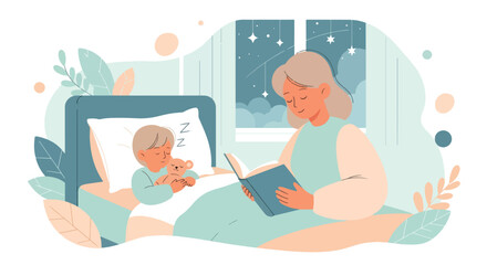 Adobe Illustrator artwork vector illustration of a peaceful mother reading a bedtime story to her sleeping child, capturing a serene night routine perfect for parenting and family themes.