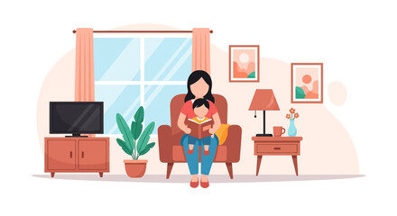 Adobe Illustrator artwork vector illustration of a mother and child sharing a book in a cozy living room, symbolizing family bonding and early childhood education.