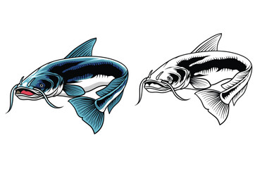 Hand Drawn Illustration of Catfish Isolated with black and white version