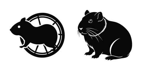 Guinea Pig Running in Wheel Flat Silhouette on White Background