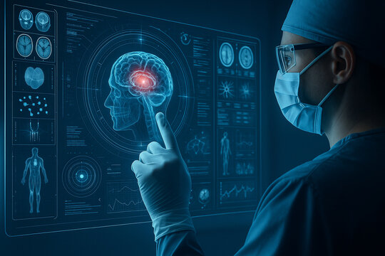 AI generated sci fi medical scene showing surgeon analyzing 3D brain hologram with glowing red focal point surrounded by biometric data and neuroimaging panels in clean digital interface