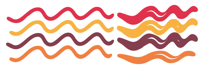 Abstract wavy line elements in multicolored flowing motion, modern decorative squiggly curves in retro artistic hand drawn style.