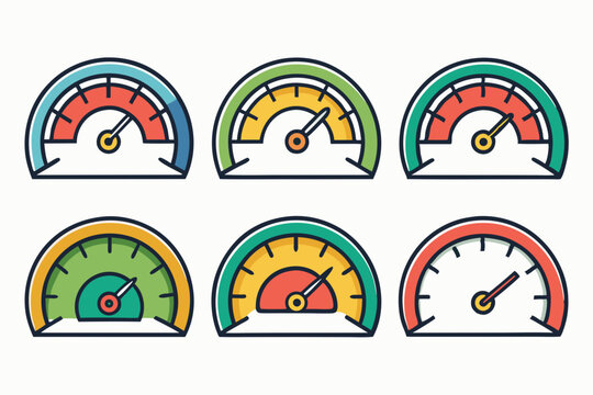 Set of Colorful Progress Indicators Six different progress meter icons various color stages progress meter progress indicator gauge speedometer performance status level progress bar color