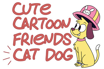 Cute cartoon cat and dog friends in vibrant retro 80s neon style
