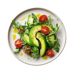 Minimalist Plate with Avocado Slices over Baby Arugula on Transparent Background


