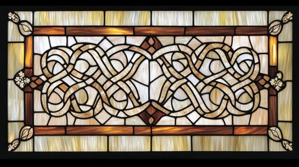 Ornate stained glass panel with intertwined decorative designs.