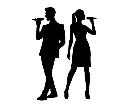Silhouettes of female and male singers singing, isolated icons on white background.
