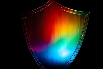 Vibrant rainbow spectrum colors on a metallic shield with riveted edges against a dark background