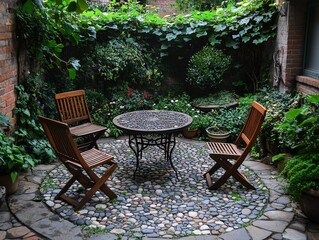 Cozy Outdoor Patio with Table and Chairs Surrounded by Greenery