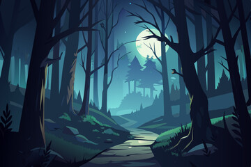 Mystical Night Forest Path Under Moonlight stylized illustration dark forest path night lit full moon forest night moon path trees illustration landscape nature fantasy dark © Anisur