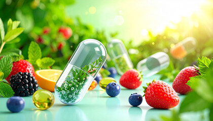 Close-up of transparent capsules with fruit. Concept of vitamin supplements and health foods.