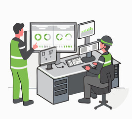 Vector of technicians and engineers meeting to discuss machine improvement and maintenance planning in conference room. vector illustration of business people working on computers and laptops.