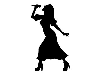 Silhouette of female singer singing, isolated icon on white background.	