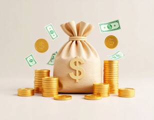 3D rendering of a money bag surrounded by stacks of gold coins and floating dollar