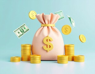 3D rendering of a money bag surrounded by stacks of gold coins and floating dollar
