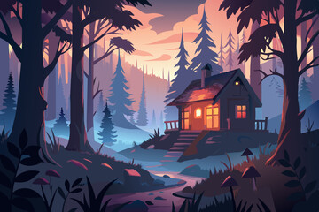 Cozy Cabin in a Misty Forest at Dusk charming cabin nestled tranquil forest sunset Warm light emanates from the cabin s windows cabin forest sunset illustration