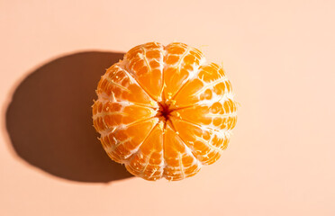 Peeled orange fruit on a peach colored background with a shadow.