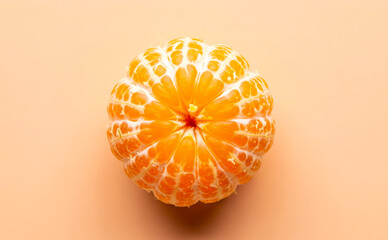 Peeled tangerine or mandarin orange fruit on a light orange background.