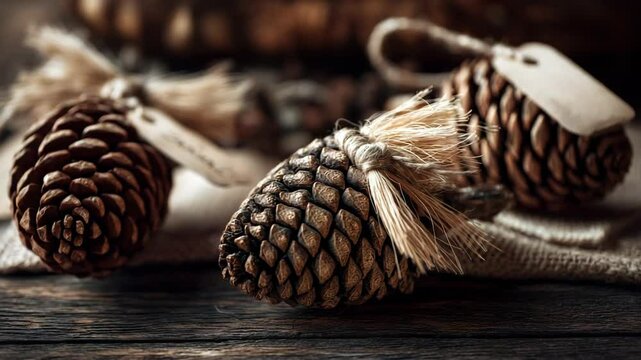 Unique pinecone decorations with natural fibers showcased on rustic wooden table