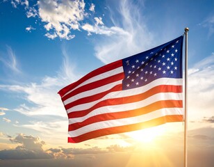 Obraz premium American flag with dramatic sky and sun flare