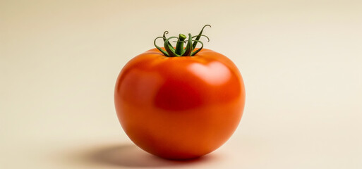 A single red tomato with green stem on a light background.